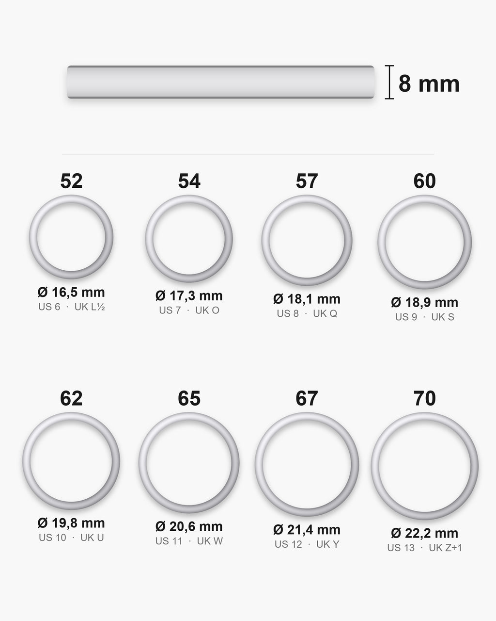 Atlas ring sizes EU 52 to 70 (US 6 to 13) with inner diameters from 16.5 to 22.2 mm and the 8 mm band width [u:mm]