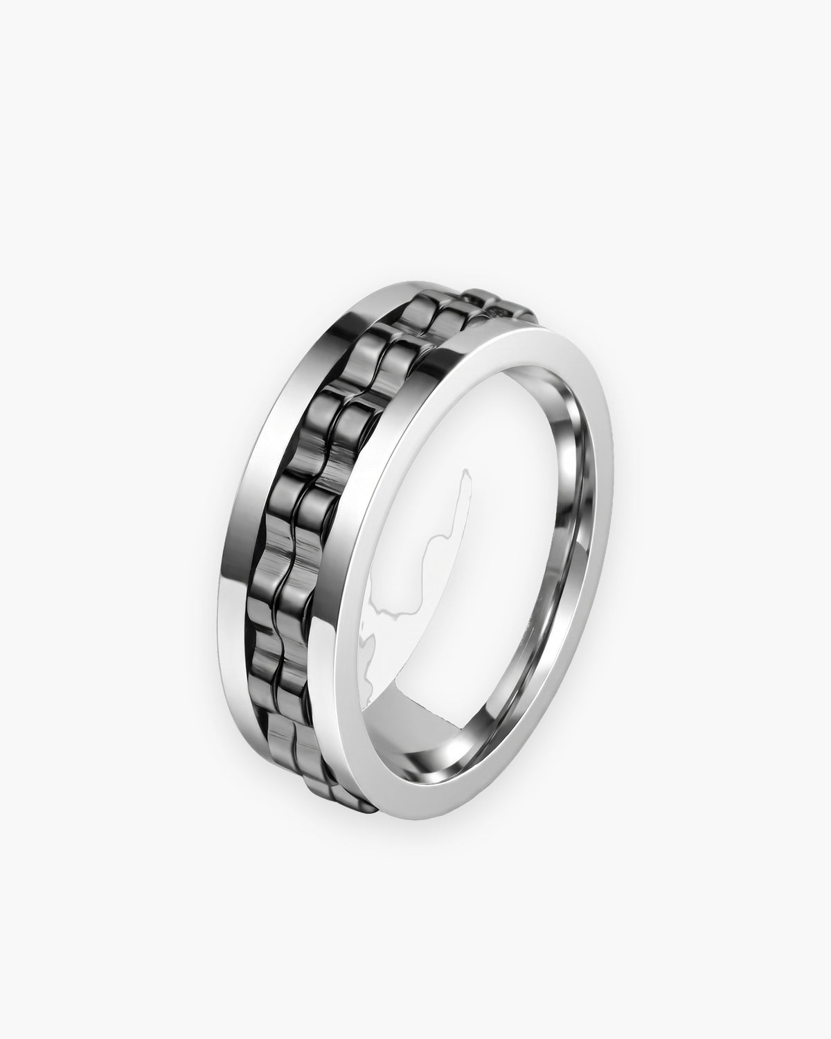 Atlas textured spinner ring in silver-tone and black stainless steel [c:silverblack]