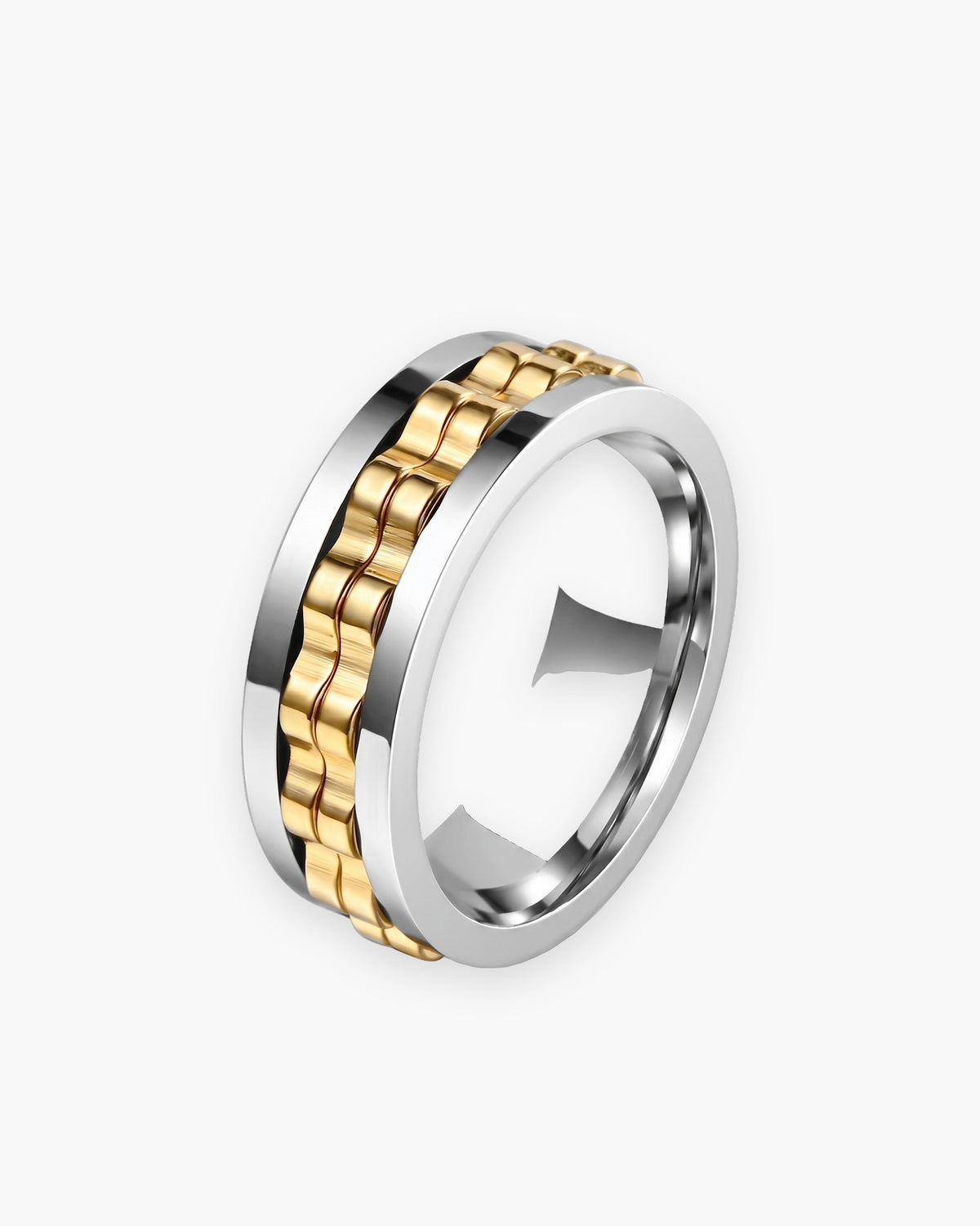 Atlas textured spinner ring in silver-tone and gold-tone stainless steel [c:gold]