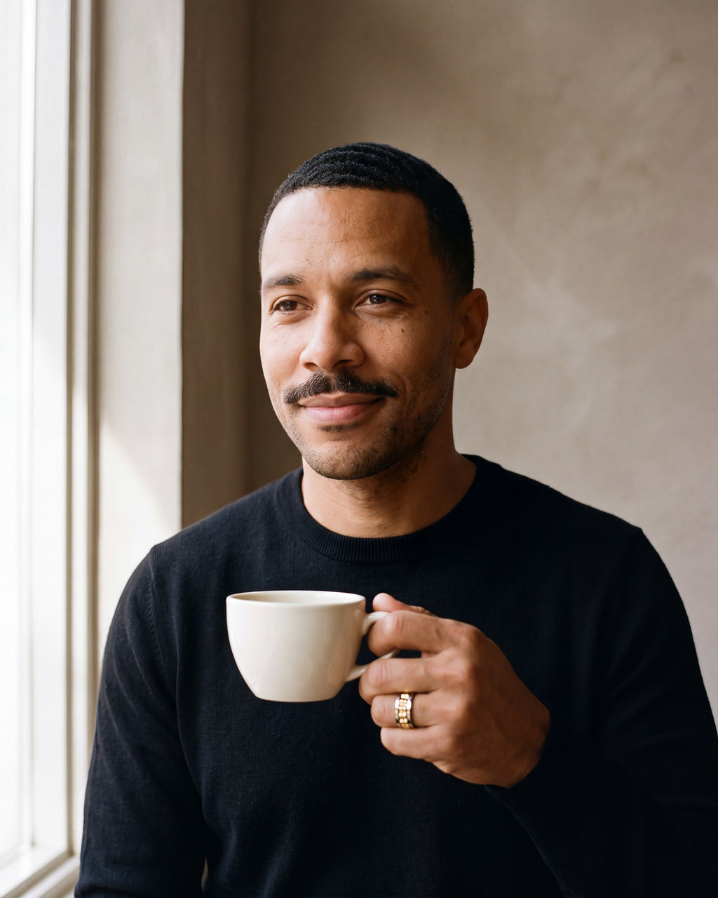 Man in a black merino sweater holding a coffee cup wearing the silver-tone and gold-tone Atlas textured spinner ring
