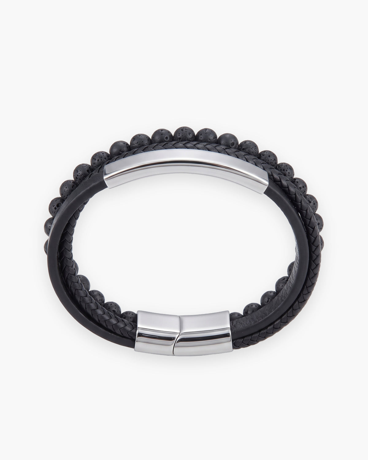 Atlas three-strand leather and stone bead bracelet in black leather and stainless steel [c:black]