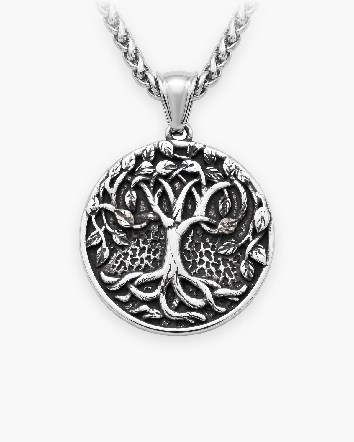Atlas Tree of Life medallion pendant in antiqued titanium steel, 30 x 40 mm [c:silver]