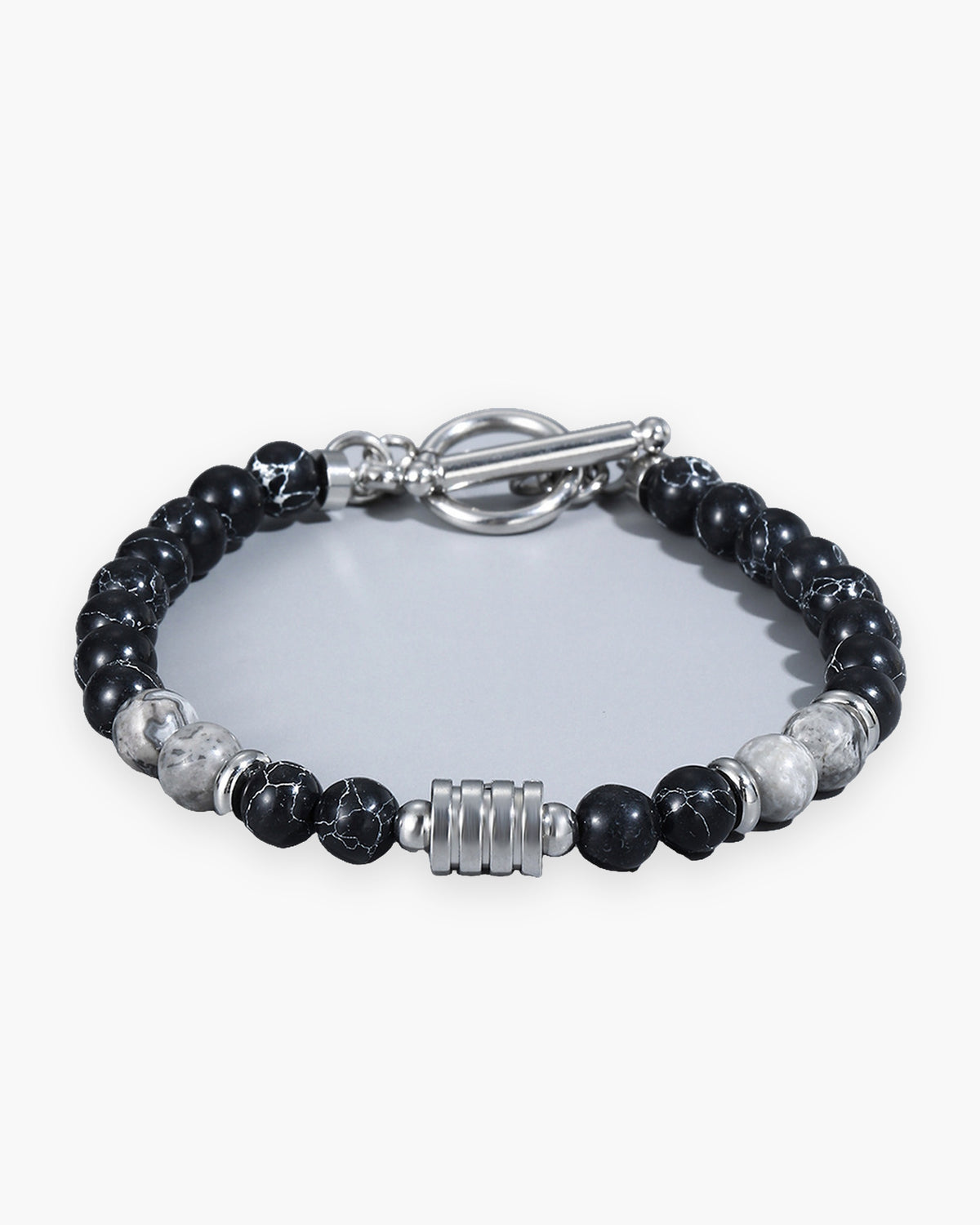 Atlas toggle clasp stone bead bracelet in black marble and map stone stone and stainless steel [c:blackmarblemapstone]