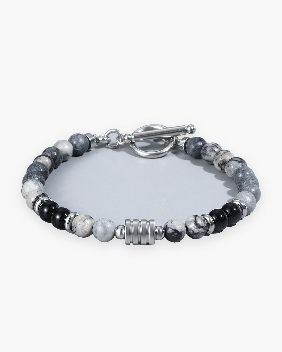 Atlas toggle clasp stone bead bracelet in grey network jasper stone and stainless steel [c:graynetwork]