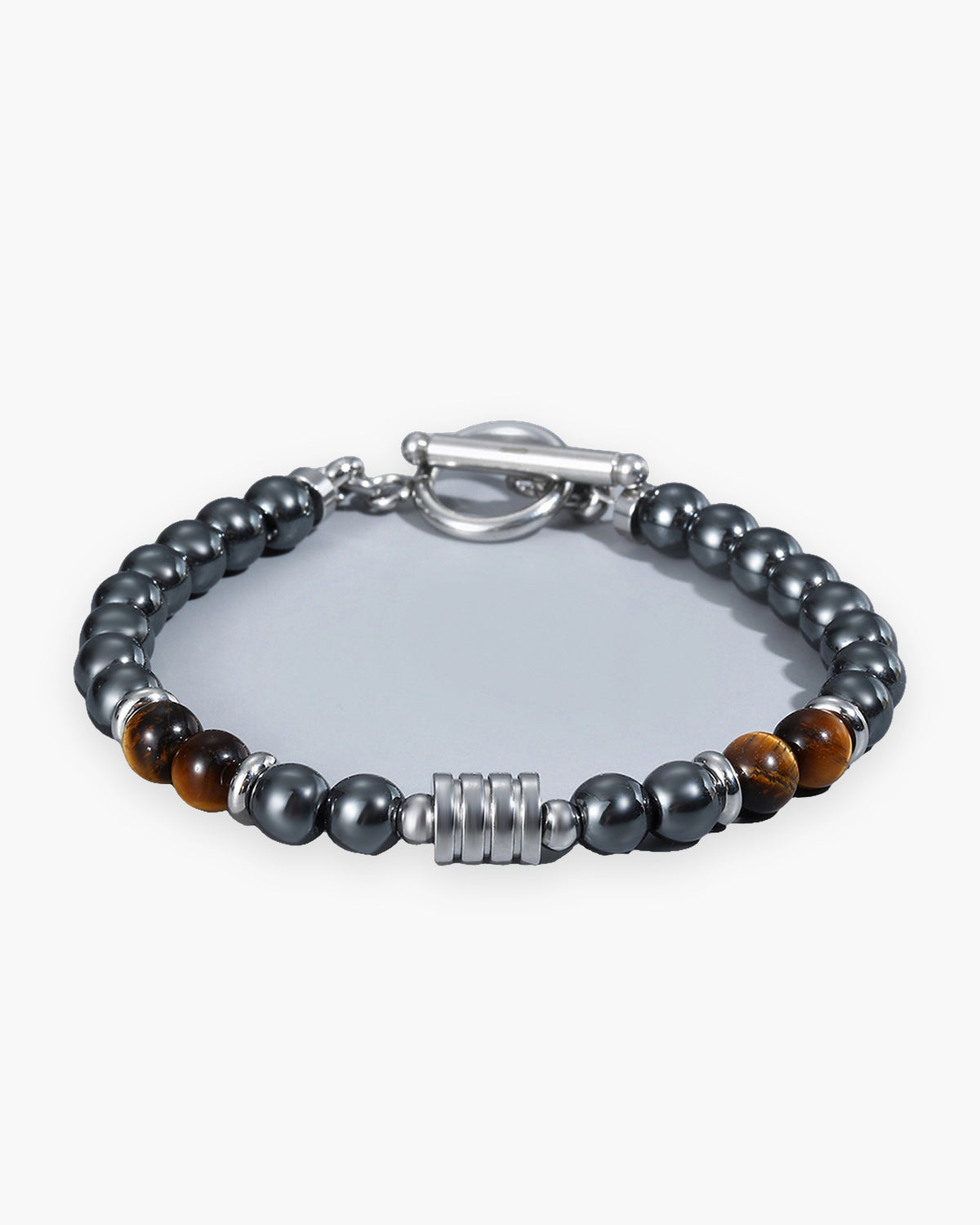 Atlas toggle clasp stone bead bracelet in hematite and tiger eye stone and stainless steel [c:hematitetigereye]