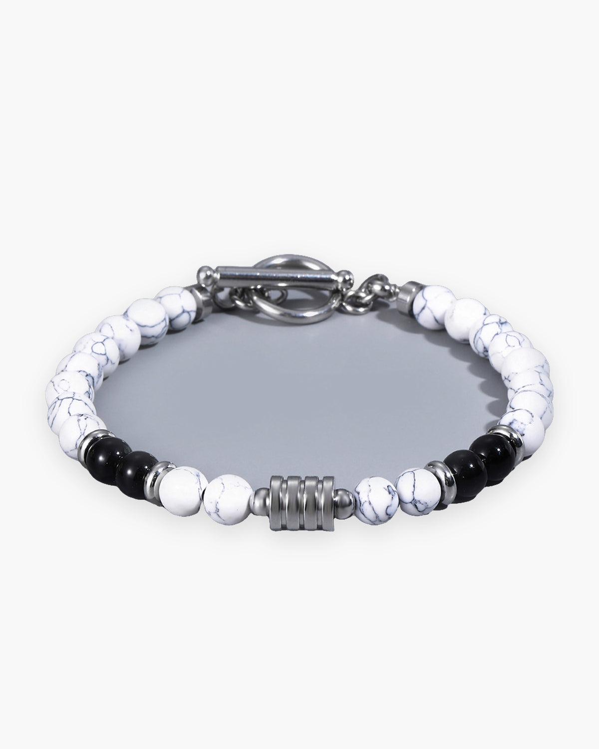 Atlas toggle clasp stone bead bracelet in white and black stone stone and stainless steel [c:whiteblack]