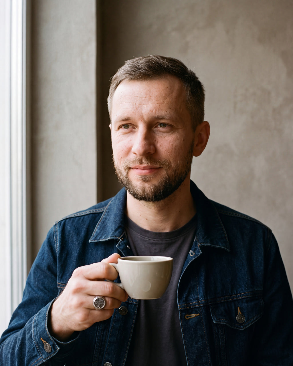 Man in a dark indigo denim jacket open over a charcoal crew-neck t-shirt by a window wearing the silver-tone Atlas tree of life signet ring