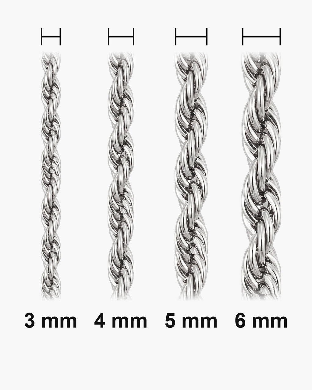 Atlas Twisted Rope Bracelet widths 3 to 6 mm shown at true scale [u:mm]