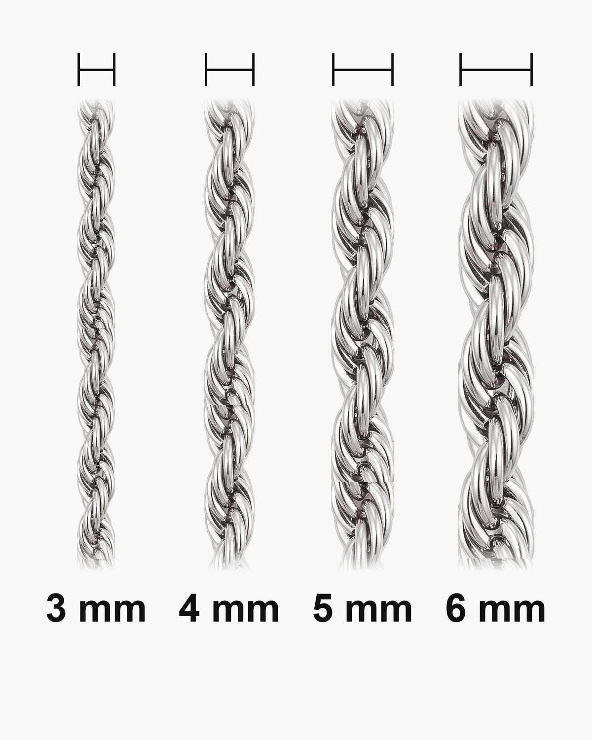 Atlas Twisted Rope Bracelet widths 3 to 6 mm shown at true scale [u:mm]
