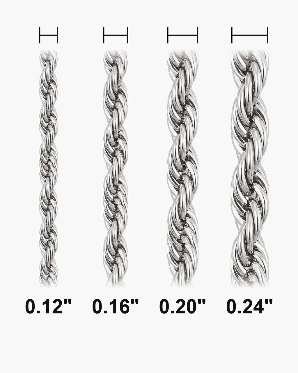 Atlas Twisted Rope Bracelet widths 0.12 to 0.24 inch shown at true scale [u:in]