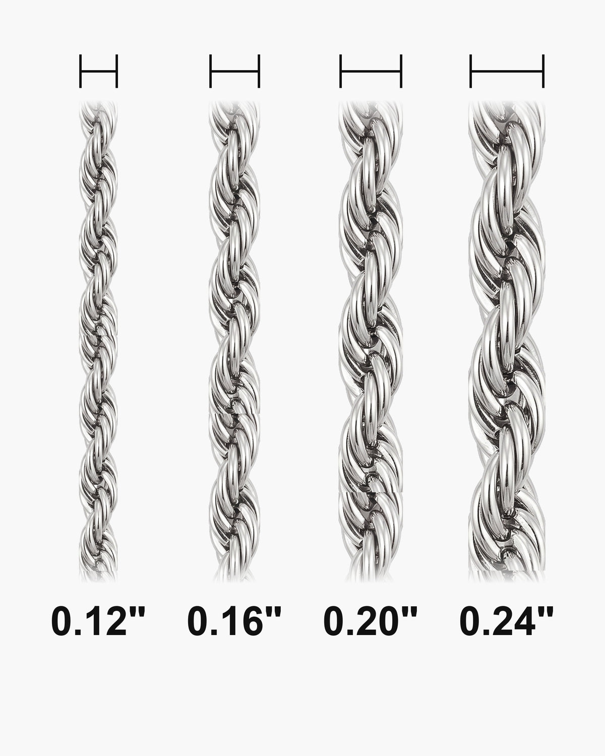Atlas Twisted Rope Bracelet widths 0.12 to 0.24 inch shown at true scale [u:in]