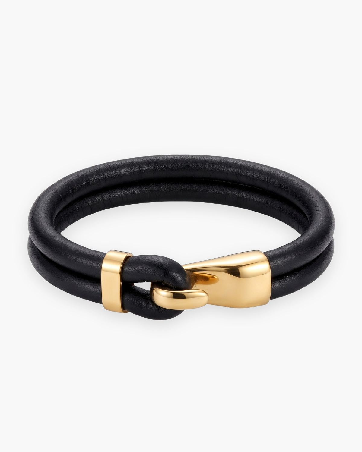 Atlas two-strand leather hook bracelet in smooth black leather with gold-tone leather and steel [c:smoothgoldtone]