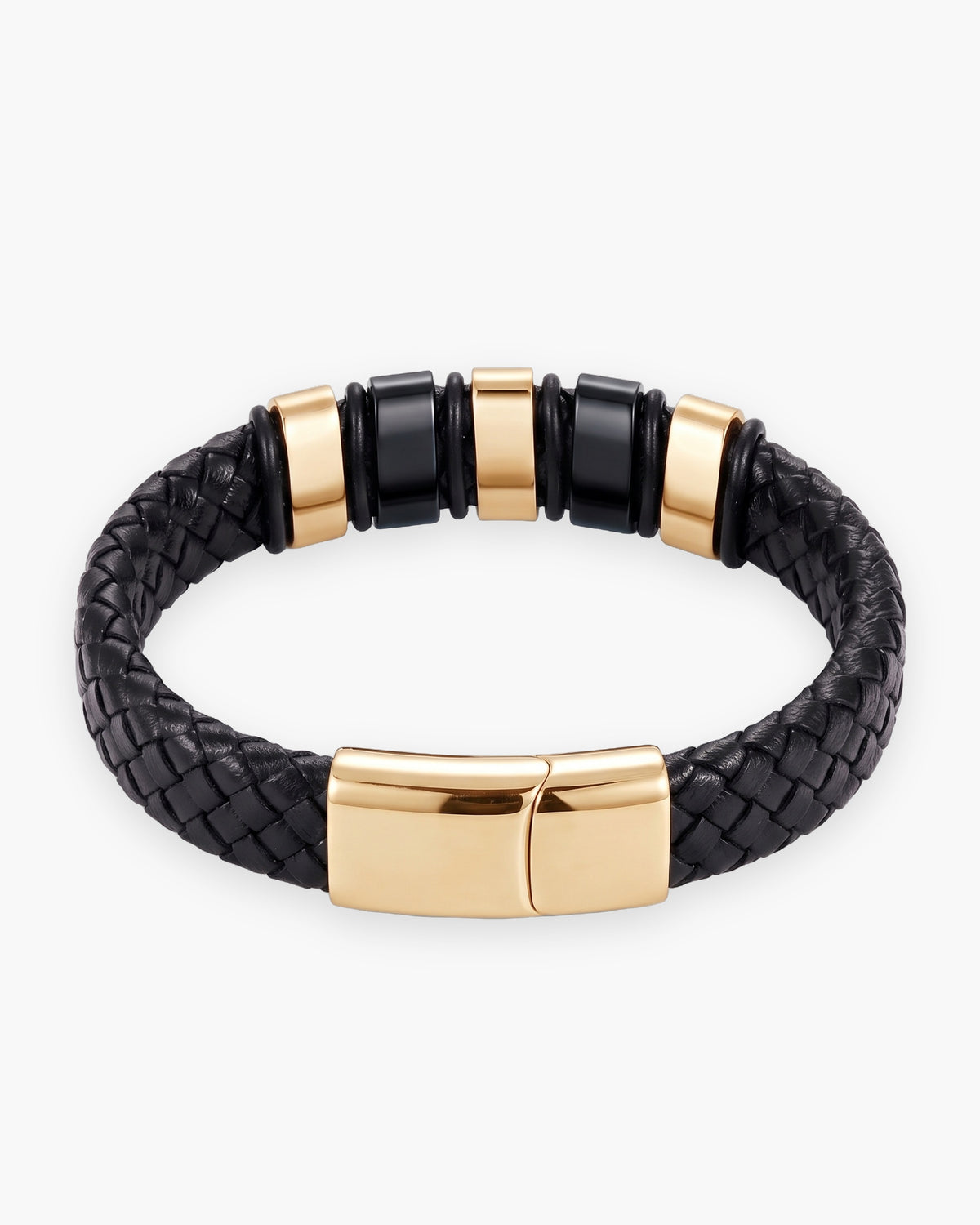 Atlas two-tone bar braided leather bracelet in gold-tone leather and titanium steel [c:gold]