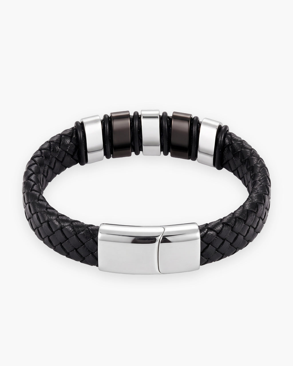 Atlas two-tone bar braided leather bracelet in silver-tone leather and titanium steel [c:silver]