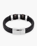 Atlas two-tone bar braided leather bracelet in silver-tone leather and titanium steel [c:silver]