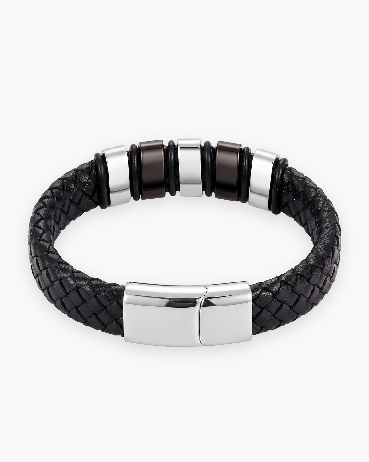 Atlas two-tone bar braided leather bracelet in silver-tone leather and titanium steel [c:silver]