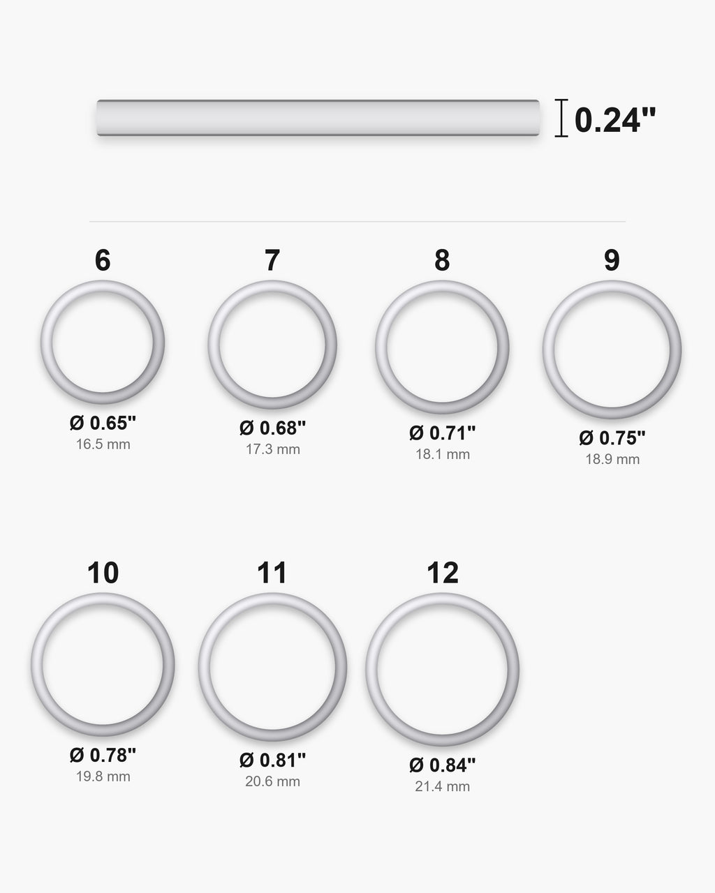 Atlas two-tone frosted band ring sizes 6 to 12 with inner diameters in inches and the 0.24 inch band width [u:in]