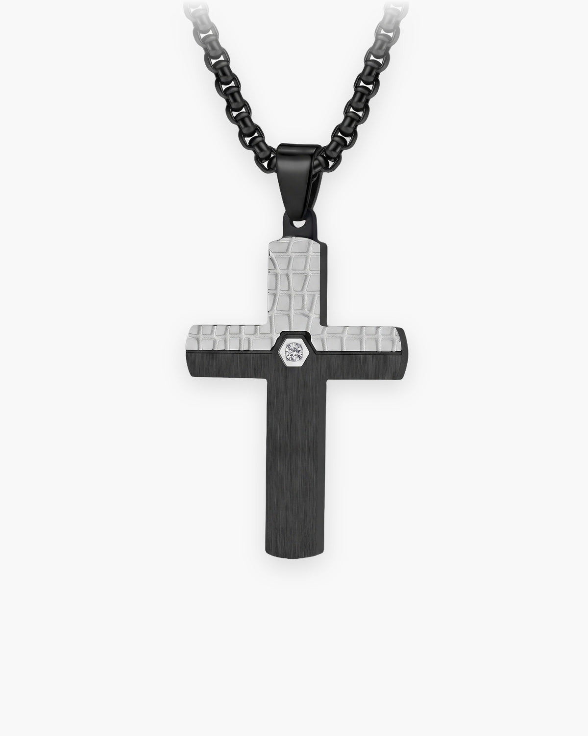 Atlas two-tone inlaid cross necklace in black and silver-tone stainless steel [c:blacksilver]