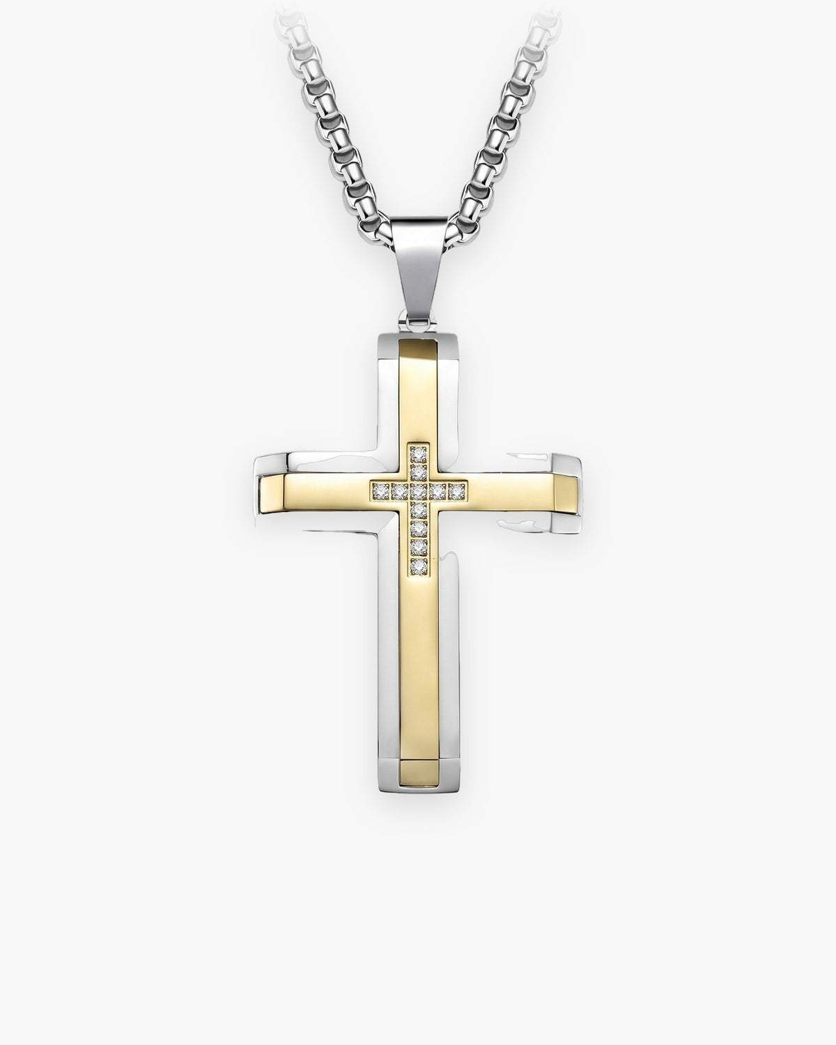 Atlas two-tone inlaid cross necklace in silver-tone and gold-tone stainless steel [c:silvergold]