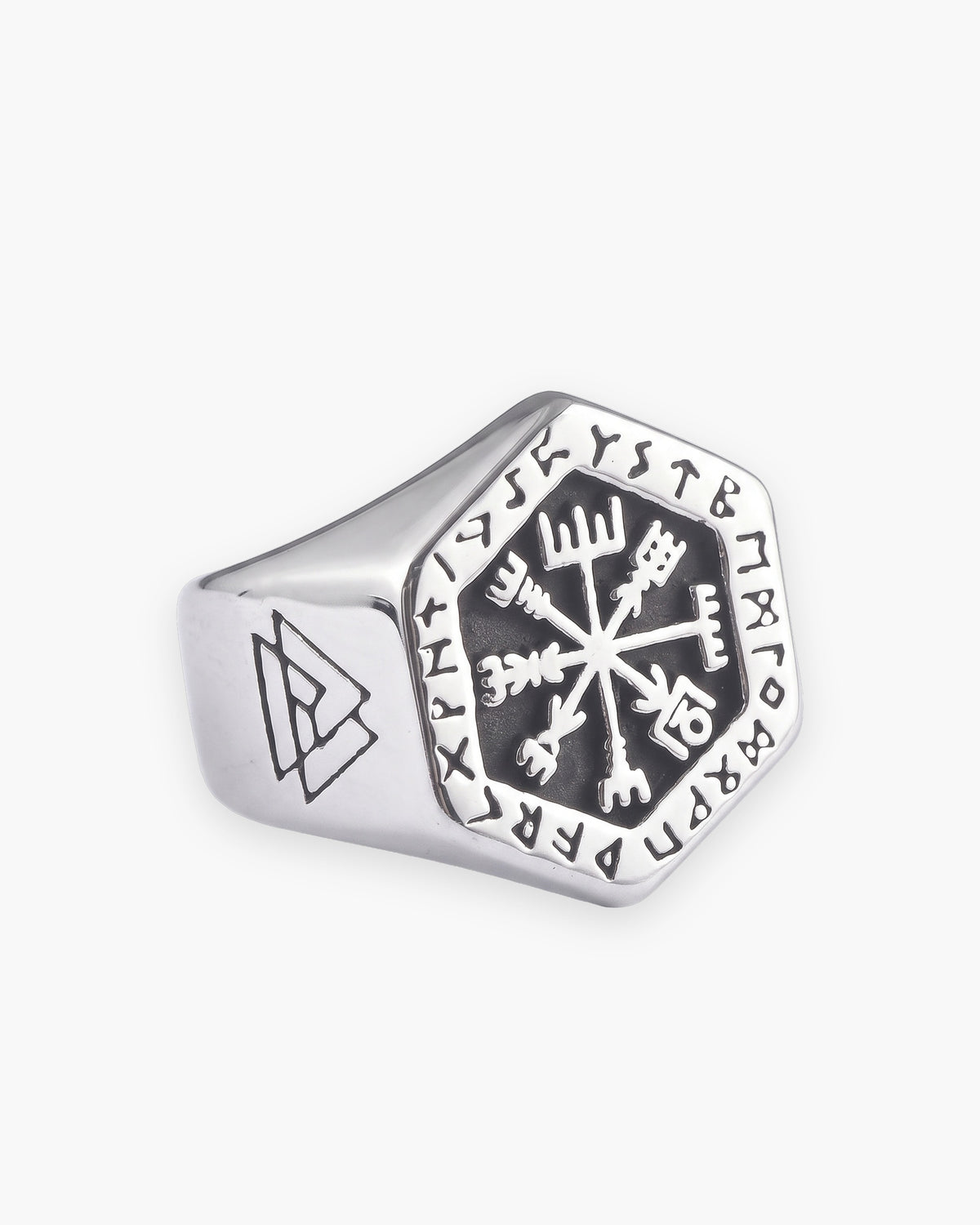 Atlas vegvisir compass signet ring in silver-tone stainless steel [c:silver]