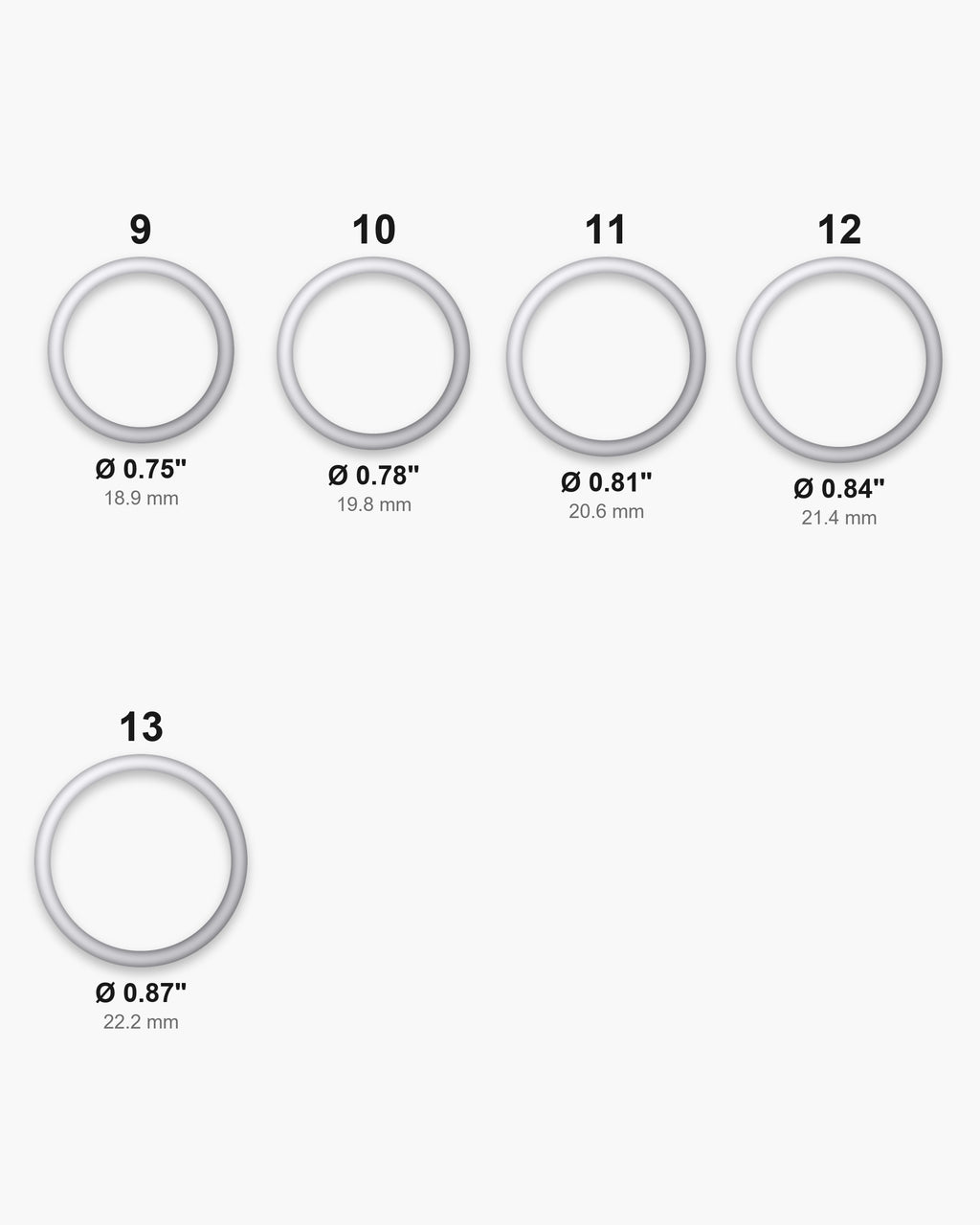 Atlas ring sizes 9 to 13 with inner diameters from 0.75 to 0.87 inch [u:in]