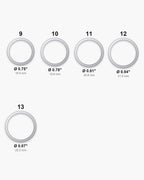 Atlas ring sizes 9 to 13 with inner diameters from 0.75 to 0.87 inch [u:in]
