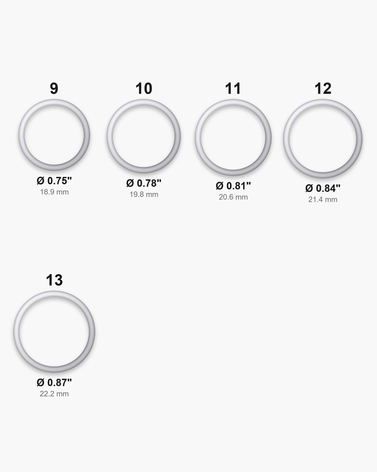 Atlas ring sizes 9 to 13 with inner diameters from 0.75 to 0.87 inch [u:in]
