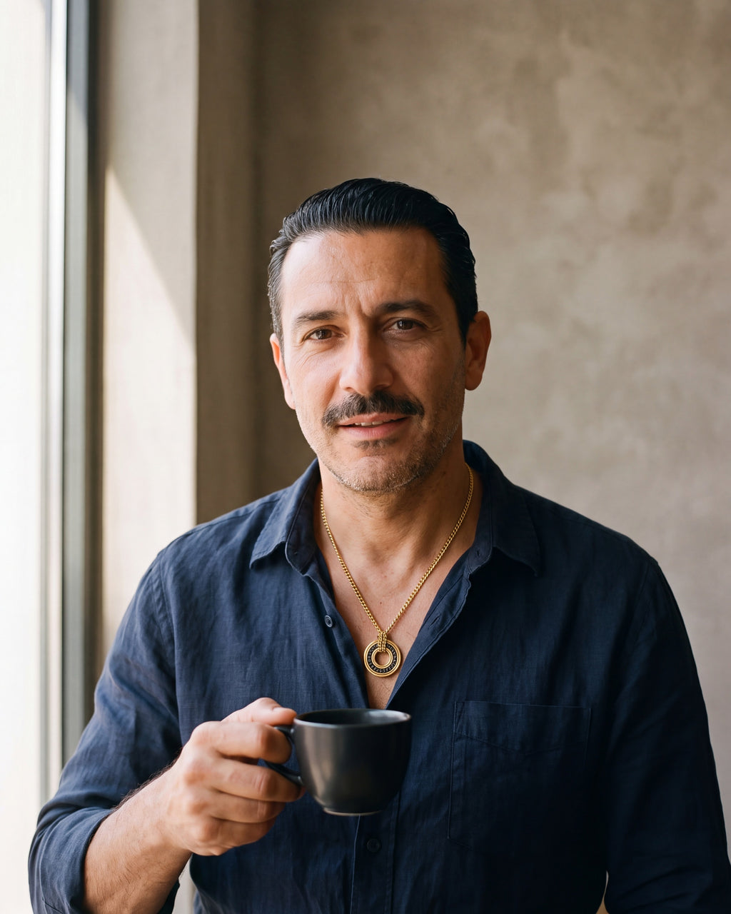 Man in a navy linen shirt wearing the Atlas Viking rune circle pendant necklace in gold-tone steel