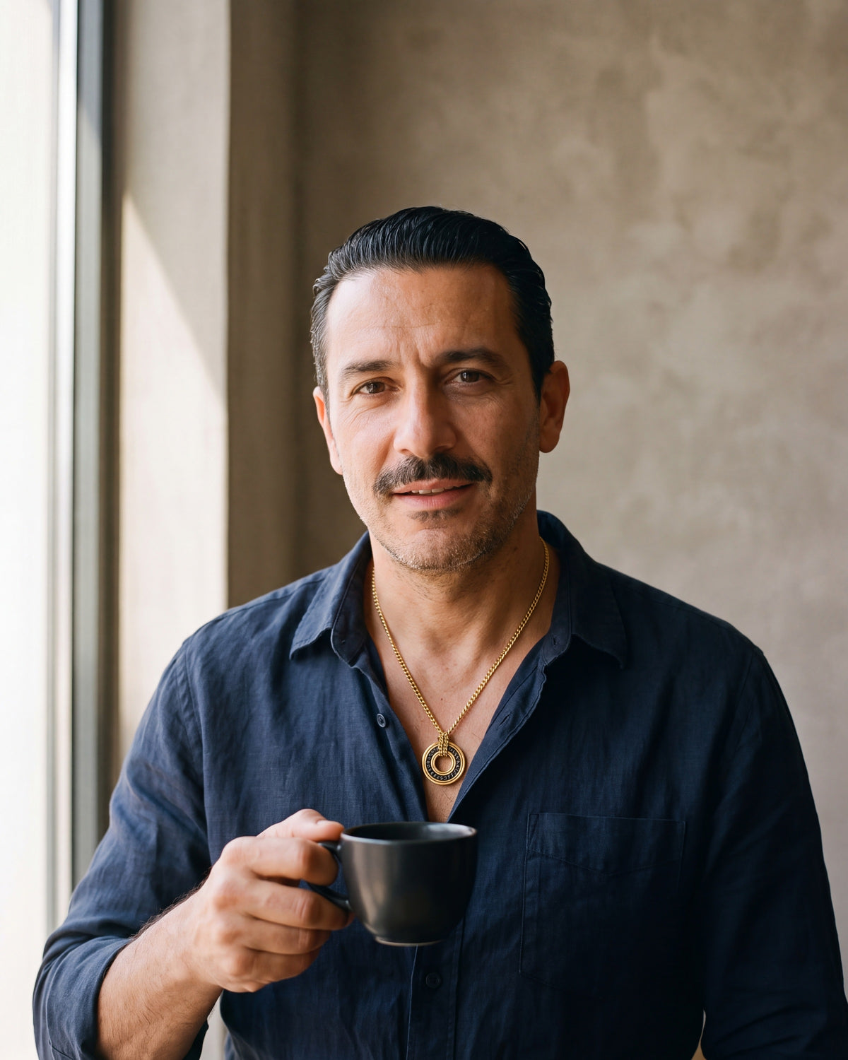 Man in a navy linen shirt wearing the Atlas Viking rune circle pendant necklace in gold-tone steel