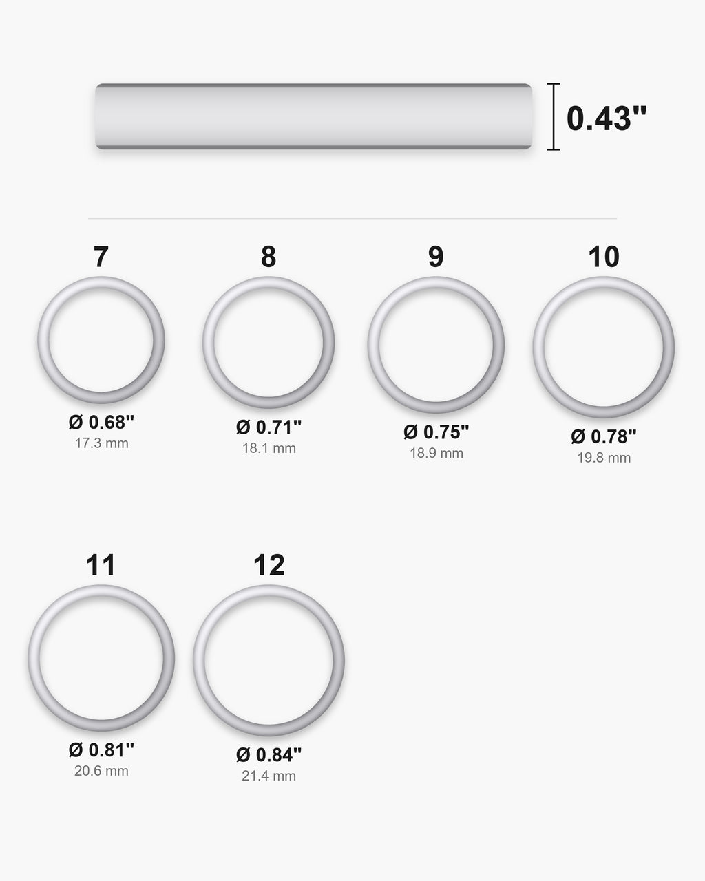 Atlas ring sizes 7 to 12 with inner diameters and the 0.43 inch band width [u:in]