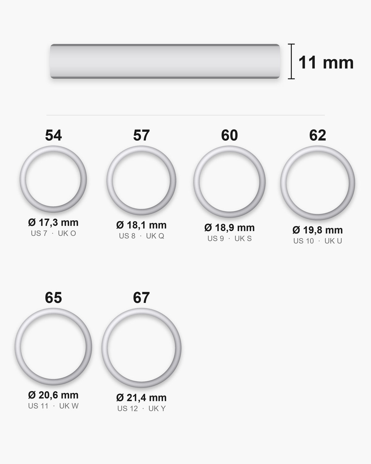 Atlas ring sizes 54 to 67 with inner diameters and the 11 mm band width [u:mm]
