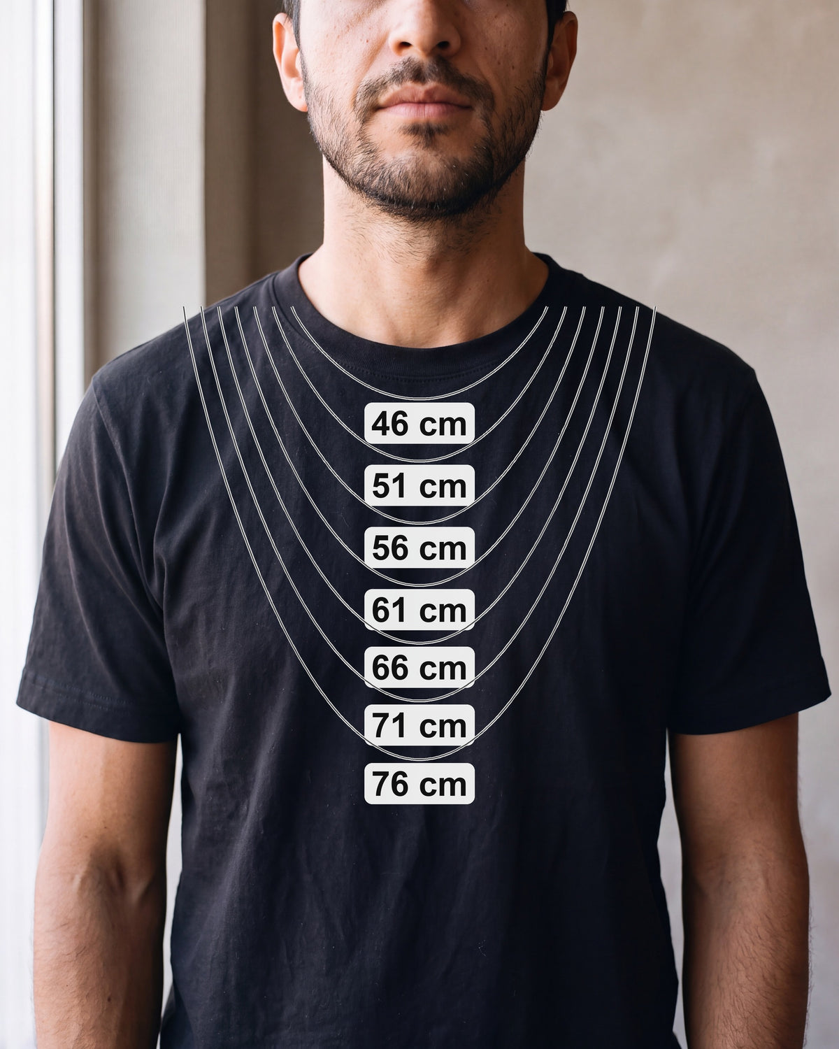 Chain length guide: where 46 to 76 cm chains sit on a man [u:mm]