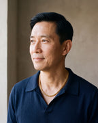 Man in a navy knit polo wearing the Atlas wheat chain in gold-tone steel