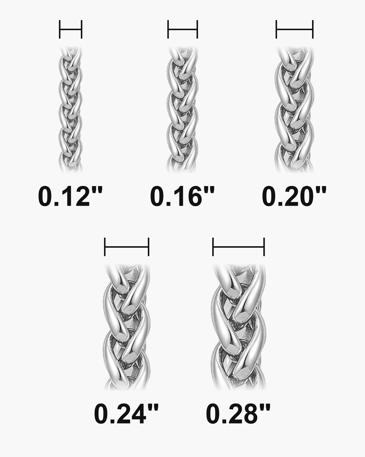 Atlas wheat chain widths 0.12 to 0.28 inch at true scale [u:in]