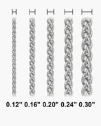 Atlas wheat chain widths side by side at true scale, in inches: 0.12 to 0.30 inch [u:in]