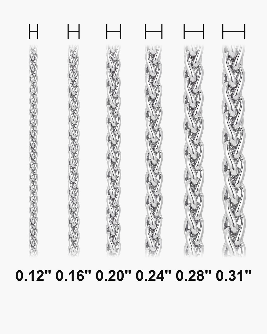 Atlas wheat chain actual widths 0.12 in, 0.16 in, 0.20 in, 0.24 in, 0.28 in, 0.31 in [u:in]