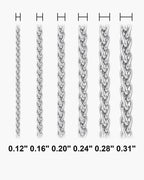 Atlas wheat chain actual widths 0.12 in, 0.16 in, 0.20 in, 0.24 in, 0.28 in, 0.31 in [u:in]