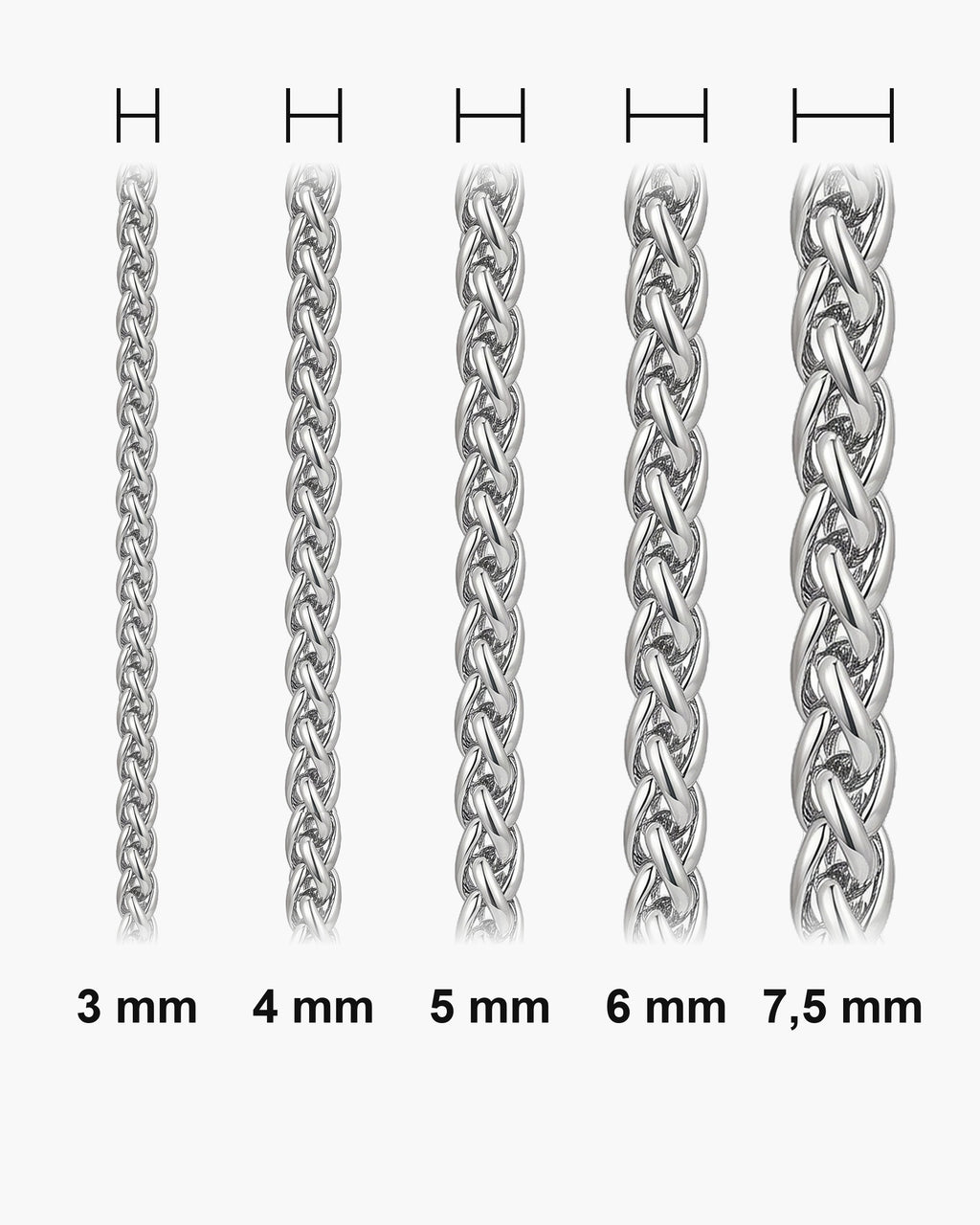 Atlas wheat chain widths side by side at true scale: 3, 4, 5, 6 and 7.5 mm [u:mm]