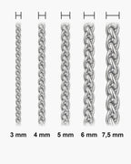 Atlas wheat chain widths side by side at true scale: 3, 4, 5, 6 and 7.5 mm [u:mm]