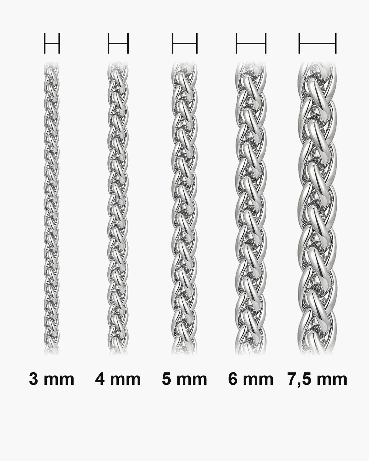 Atlas wheat chain widths side by side at true scale: 3, 4, 5, 6 and 7.5 mm [u:mm]