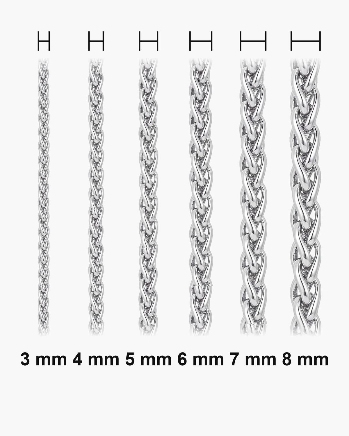 Atlas wheat chain actual widths 3 mm, 4 mm, 5 mm, 6 mm, 7 mm, 8 mm [u:mm]