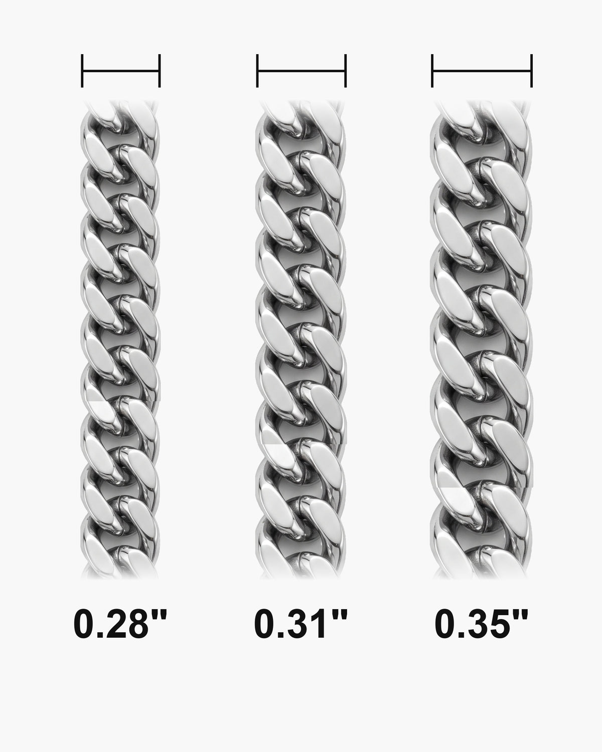 Atlas Cuban bracelet widths side by side at true scale, in inches: 0.28 to 0.35 inch [u:in]
