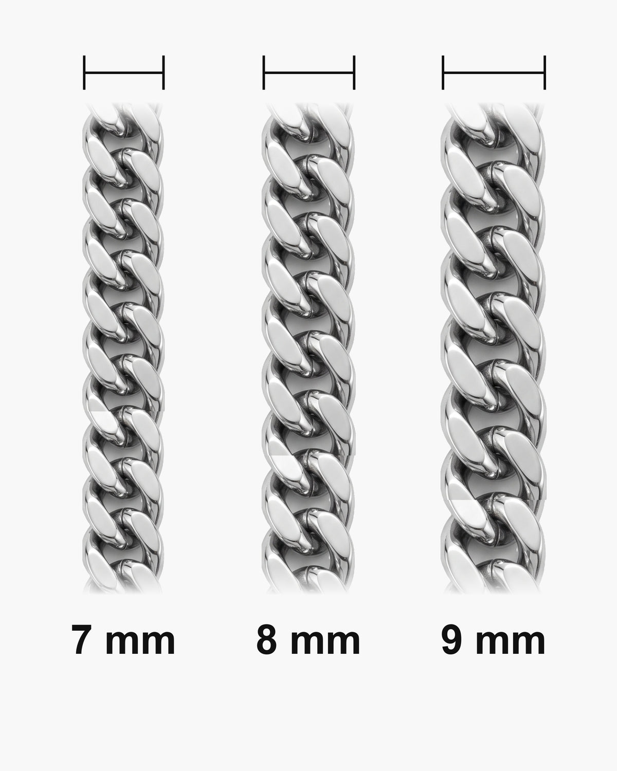 Atlas Cuban bracelet widths side by side at true scale: 7, 8 and 9 mm [u:mm]
