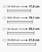 Bracelet length guide: wrist 15-16.5 cm fits the 17.8 cm bracelet; wrist 16.5-18 cm fits the 19.1 cm bracelet; wrist 18-19 cm fits the 20.3 cm bracelet; wrist 19-20.5 cm fits the 21.6 cm bracelet [u:mm]