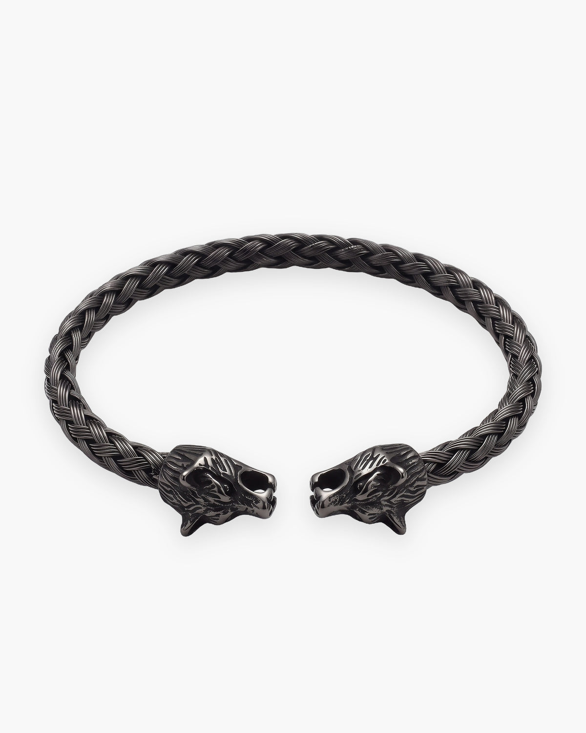 Atlas wolf head braided cuff bracelet in black stainless steel [c:black]