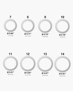 Atlas ring sizes 7 to 14 with inner diameters from 0.68 to 0.91 inch [u:in]