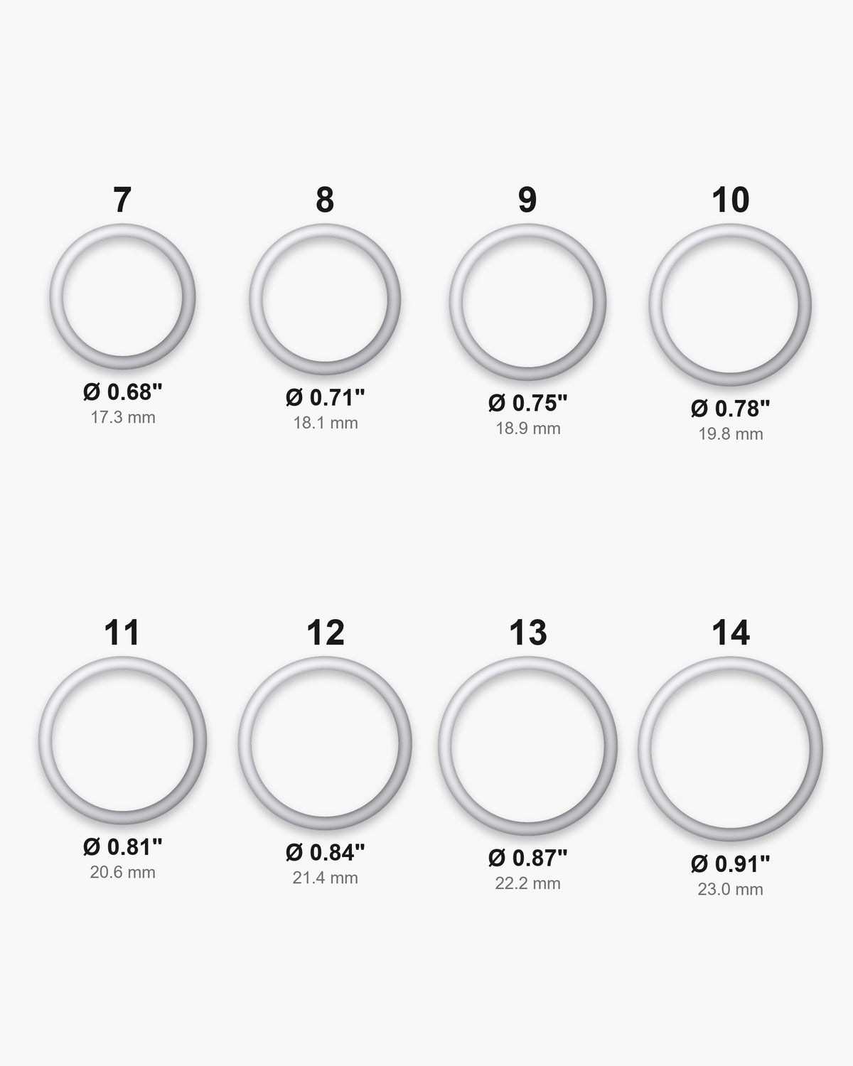 Atlas ring sizes 7 to 14 with inner diameters from 0.68 to 0.91 inch [u:in]