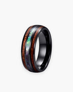 Atlas wood and abalone band in black tungsten in black tungsten carbide [c:black]