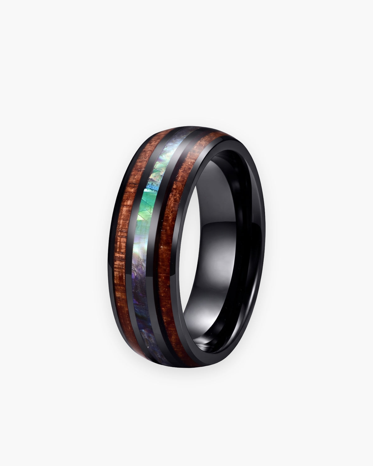 Atlas wood and abalone band in black tungsten in black tungsten carbide [c:black]