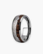 Atlas wood and meteorite-look inlay tungsten ring in silver-tone tungsten carbide [c:silver]